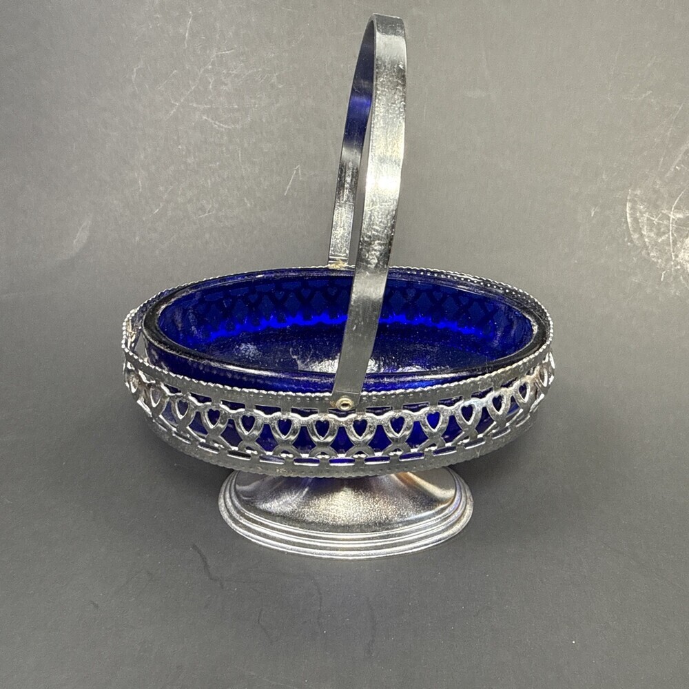 Vtg Jam Pot Cobalt Blue Glass Stainless Caddy Basket With Handle #1